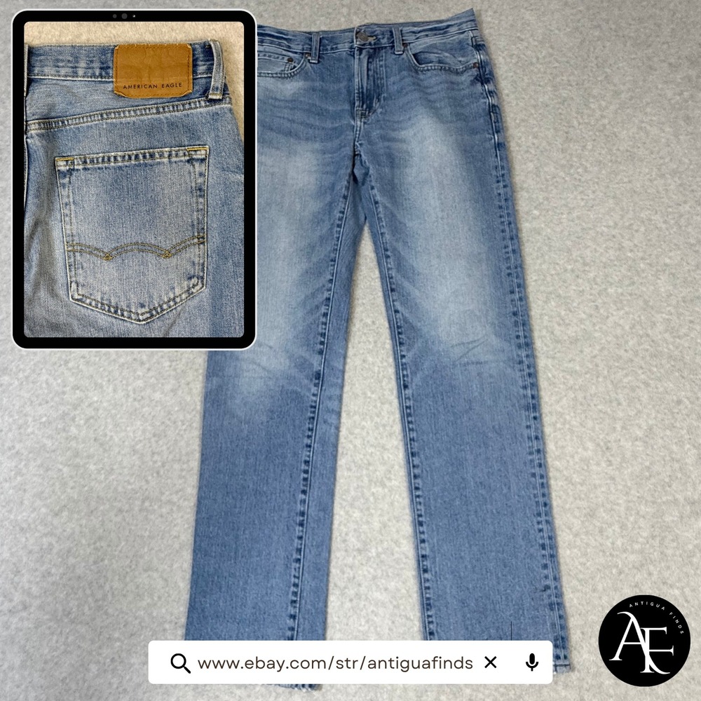 American Eagle Original Straight Jeans Mens 30x34 Light Wash Blue Denim Cotton